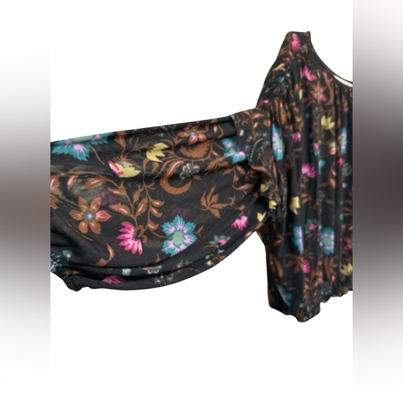 FREE PEOPLE Black Wildflower Honey Floral Stretch Mesh Blouson Ruffle Top - Picture 3 of 8